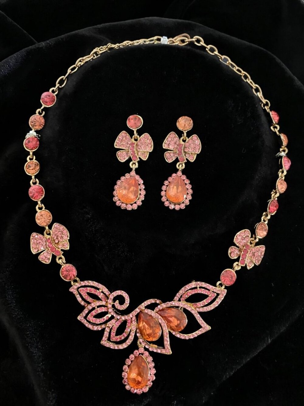 Pink Crystal Bow Necklace & Earrings Set - Gold Tone Peach Teardrop Jewelry